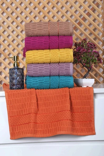 6 lı Renkli El Yüz Pamuklu Jakarlı Havlu Seti 50 x 90 Cm Platin - 1