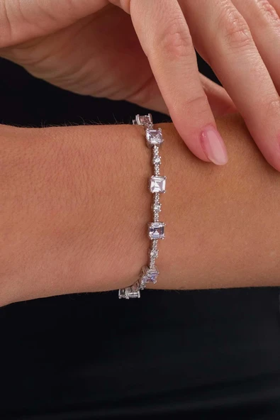 Gümüş Pazarım Beyaz Taşlı Sıralı Su Yolu Gümüş Bileklik - 2