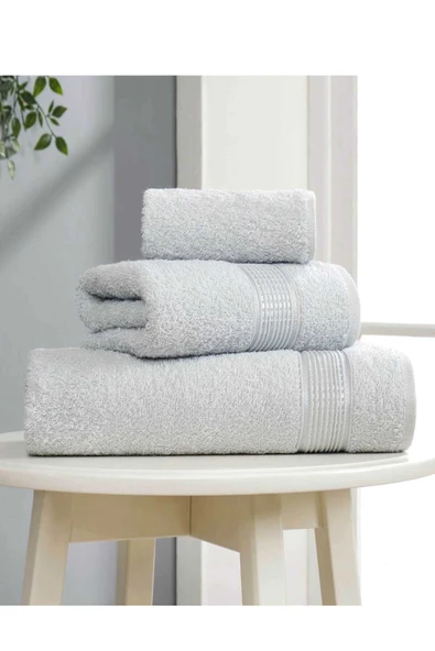 3 lü Banyo Havlusu Seti Pamuklu Ritim Açık Gri - 1
