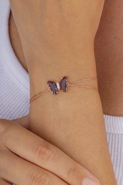 Gümüş Pazarım Ametist Taşlı Kelebek Gümüş Bİleklik - Resim 2