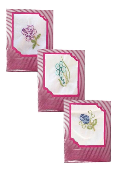 3’lü Özel Paket Premium Kadın İşlemeli Mendil Seti  %100 Pamuk 28x28 Cm - 3