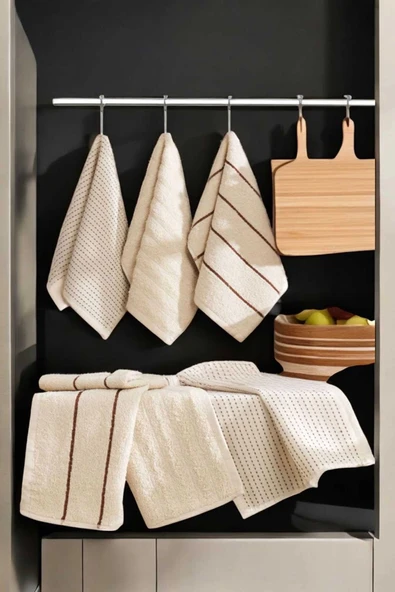 6 lı Luna Naturel Mutfak Havlu Seti %100 Pamuklu 30X50 Cm Bej - 1
