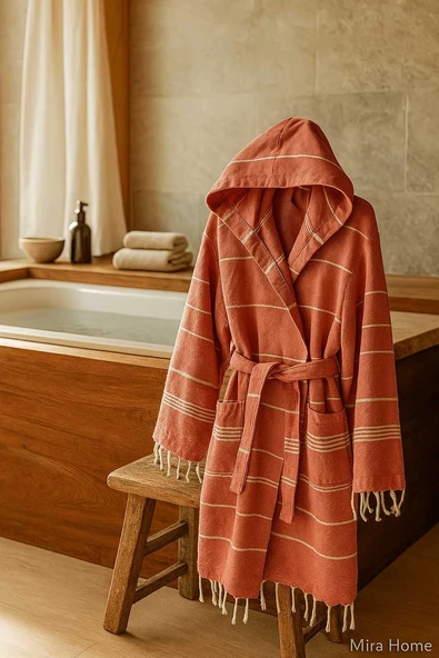 Kapşonlu Çizgili Unisex Banyo Plaj Peştemal Bornozu %100 Pamuklu Linetouch Kiremit - 2