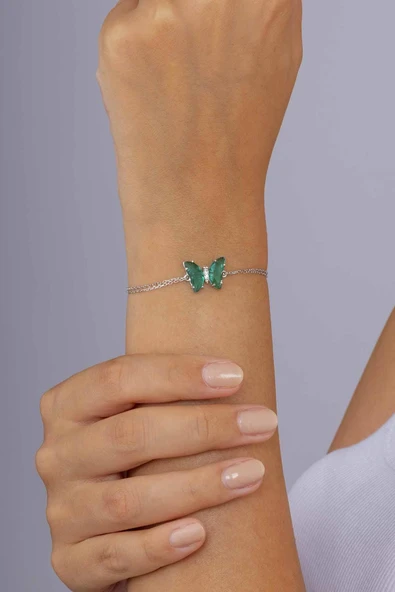 Gümüş Pazarım Yeşil Taşlı Kelebek Gümüş Bileklik - Resim 2
