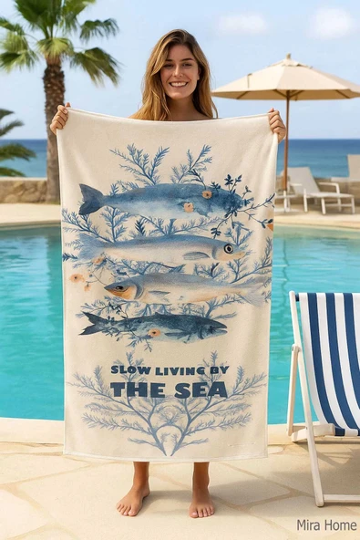 Unisex Desenli Baskılı Deniz Plaj Havlusu Balık 70X140 Cm - 1
