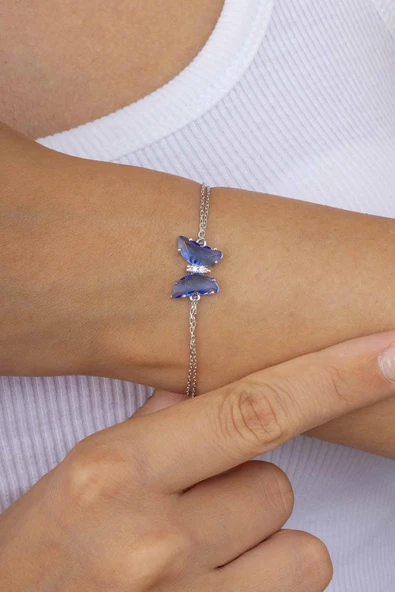 Gümüş Pazarım Mavi Taşlı Kelebek Gümüş Bileklik - Resim 3