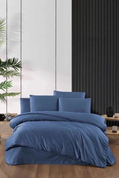 Stripe Saten Line Çift Kişilik Nevresim Takımı  İndigo - 1