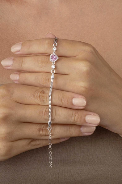 Gümüş Pazarım Pembe Taşlı Kalp Gümüş Su Yolu Bileklik - 3