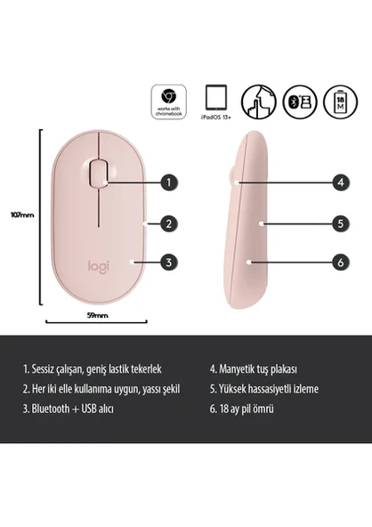 Logitech M350 Pebble Sessiz Kablosuz Kompakt Mouse - Pembe - 3