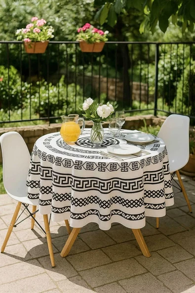 Yuvarlak Geometrik Siyah Desenli Duck Kumaş Masa Örtüsü 150x150 Cm - Resim 2