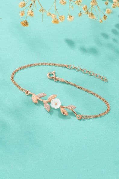 Gümüş Pazarım Manolya Çiçeği Kadın Rosegold Gümüş Bileklik - Resim 4