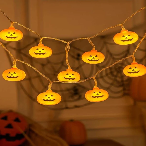 Halloween Cadılar Bayramı Dekorasyonu Pilli Balkabağı Led Işık 10 Ampül 195cm Halovin Partisi Dekor Aksesuar
