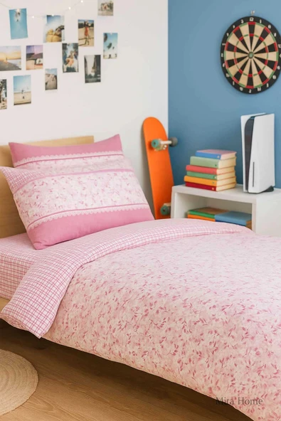 Pembe Çiçek Desenli Pamuklu Tek Kişilik Nevresim Takımı ürün görseli