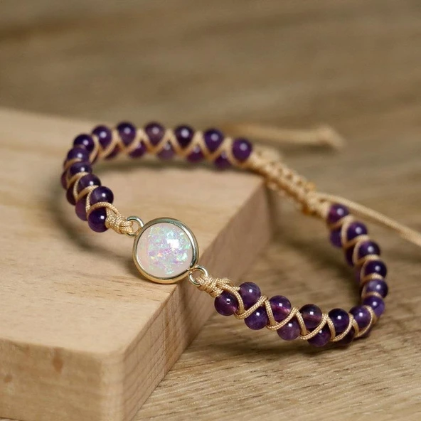 Valkyrie Doğal Ametist Taşlı Opal Merkezli El Yapımı Makrome Bileklik – Ayarlanabilir Kadın Bileklik Pozitif Enerji ve Denge Taşı - 9