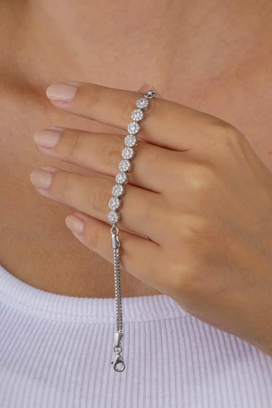 Gümüş Pazarım Rodyum Kaplama Yuvarlak Taşlı Gümüş  Bileklik - 3