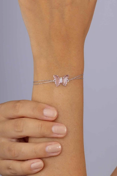 Gümüş Pazarım Pembe Taşlı Kelebek Gümüş Bileklik - Resim 2
