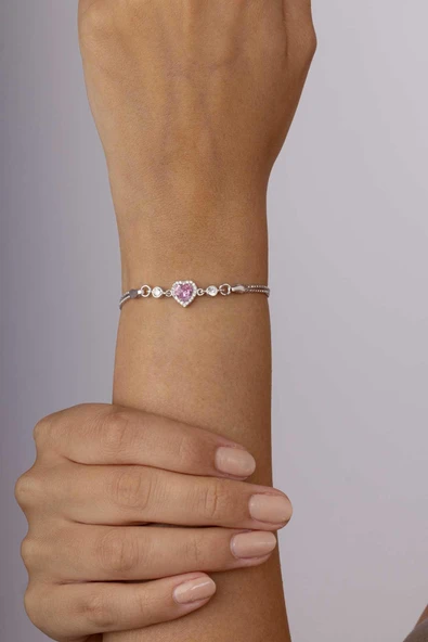 Gümüş Pazarım Pembe Taşlı Kalp Gümüş Su Yolu Bileklik - 2