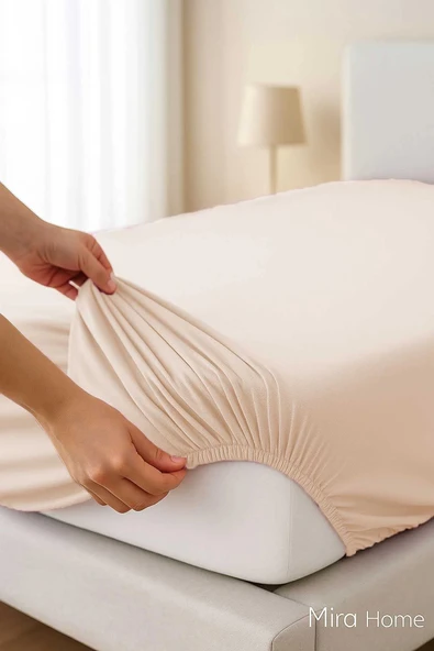 Çift Kişilik Düz Penye  %100 Pamuklu Lastikli Çarşaf 200X200 Cm Battal  Boy Newsheet Bej - 2