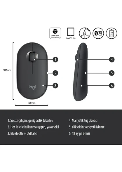Logitech M350 Pebble Sessiz Kablosuz Kompakt Mouse - Siyah - 2