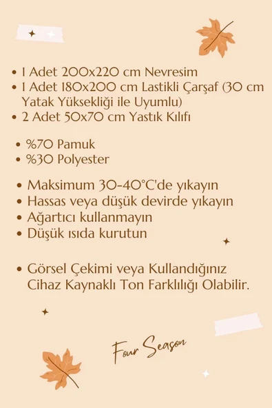 Çift Kişilik Lastikli Çarşaflı Nevresim Takımı Pamuklu Four Season Bej Gri - Resim 3
