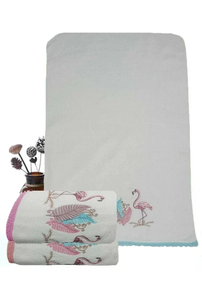 3 Lü Renkli Kuğu Nakışlı Su Taşı Kenar İşlemeli Havlu Seti 50X90 Cm - 2
