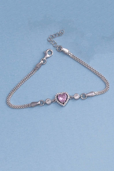 Gümüş Pazarım Pembe Taşlı Kalp Gümüş Su Yolu Bileklik - 4