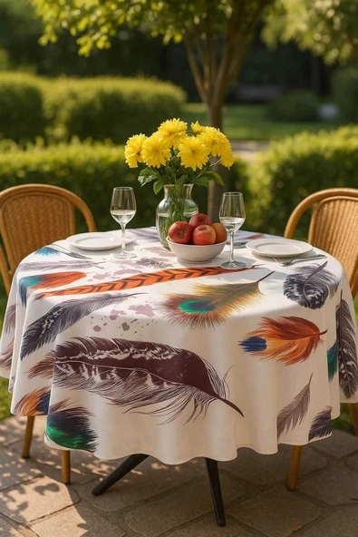 Yuvarlak Tüy Desenli Duck Kumaş Masa Örtüsü 150x150 Cm - Resim 4