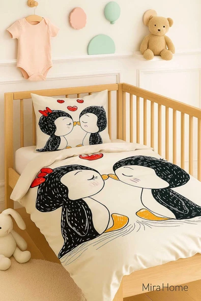 Yenidoğan Kız Bebek Nevresim Takımı %100 Pamuklu Penguen - 3