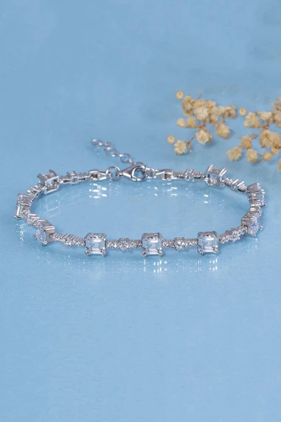 Gümüş Pazarım Beyaz Taşlı Sıralı Su Yolu Gümüş Bileklik - 4