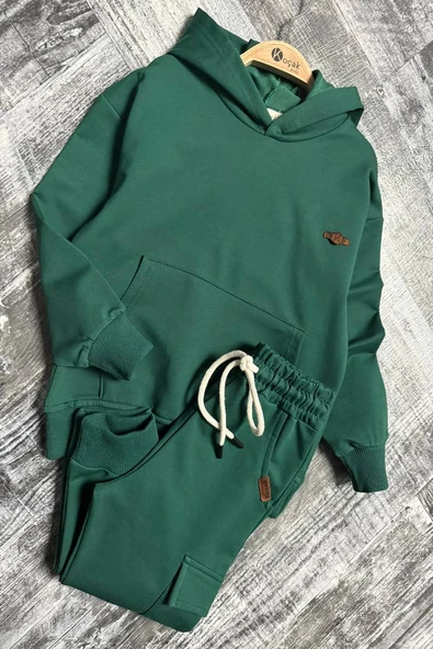 Kapüşonlu ve Kanguru Cepli Yeşil Renk Erkek Çocuk Eşofman Takım - Resim 2