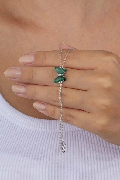 Gümüş Pazarım Yeşil Taşlı Kelebek Gümüş Bileklik - Resim 3