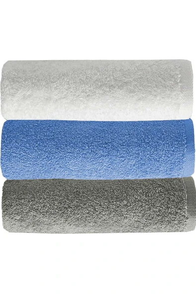 3 lü Düz Renk El Yüz Havlu Seti %100 Pamuklu 50x90 Cm Gri-Mavi-Beyaz - 1