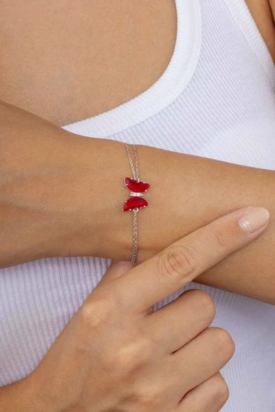 Gümüş Pazarım Kırmızı Taşlı Kelebek Gümüş Bileklik ürün görseli 1