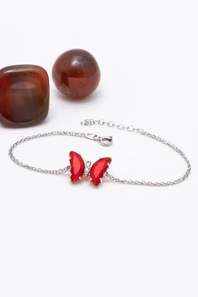 Gümüş Pazarım Kırmızı Taşlı Kelebek Gümüş Bileklik - Resim 4