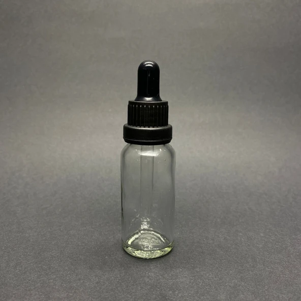 30ml, Şeffaf Cam Şişe, 12 adet, Cam Damlalıklı, Ecza şişesi, Propolis şişesi, Siyah Kapak Siyah Emzik ürün görseli 1