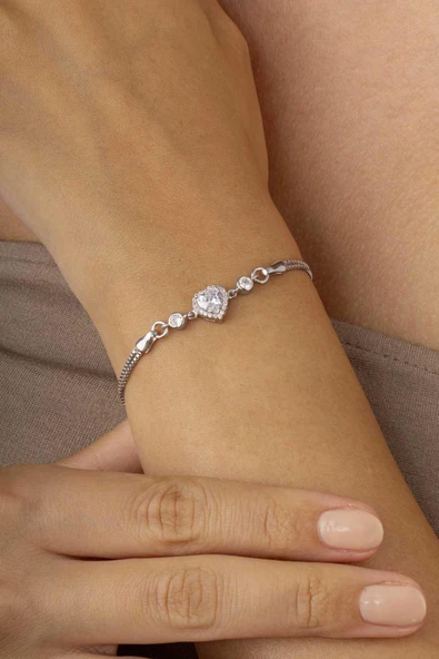 Gümüş Pazarım Rodyum Kaplama Kalp Gümüş Su Yolu Bileklik ürün görseli 1