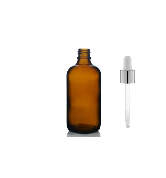 100ml kahverengi cam damlalıklı 12 adet, Gümüş Kapak Beyaz Emzik, Ecza şişesi, Damlalıklı şişe, propolis şişesi, damlatmalı şişe, saç serum şişesi, ecza şişesi ürün görseli 1