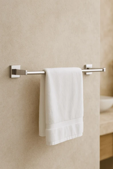 Krom Yapışkanlı Uzun Havluluk – Kare Topuzlu Metal Banyo Havlu Askısı, Dayanıklı & Şık - (101-K) - KTK
