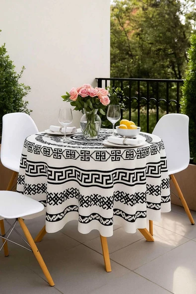 Yuvarlak Geometrik Siyah Desenli Duck Kumaş Masa Örtüsü 150x150 Cm - Resim 3