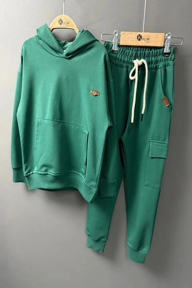 Kapüşonlu ve Kanguru Cepli Yeşil Renk Erkek Çocuk Eşofman Takım - Resim 5