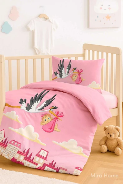 Yenidoğan Kız Bebek Nevresim Takımı %100 Pamuklu Leylek