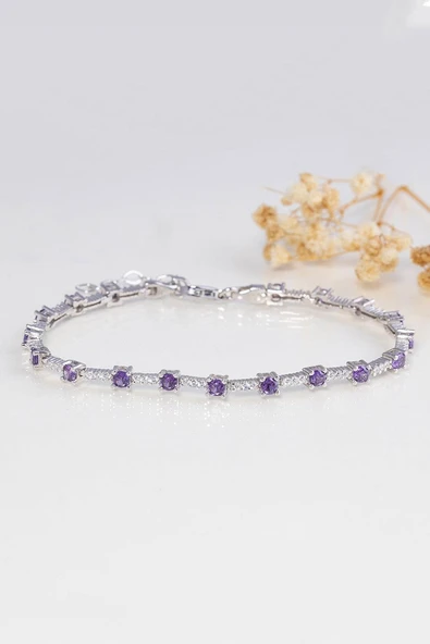 Gümüş Pazarım Mor Taşlı Süzme Su Yolu Gümüş Bileklik - Resim 4