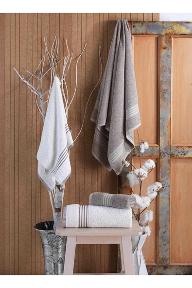 4 lü Kadın Erkek Banyo Havlusu Takımı Oscar Bej-Krem - 3