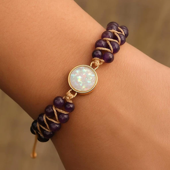 Valkyrie Doğal Ametist Taşlı Opal Merkezli El Yapımı Makrome Bileklik – Ayarlanabilir Kadın Bileklik Pozitif Enerji ve Denge Taşı - 2