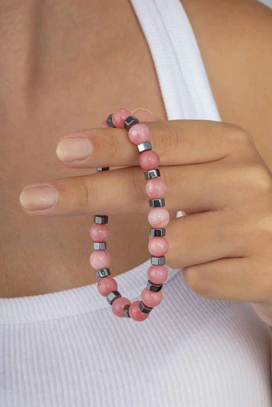 Gümüş Pazarım Pembe Ceyt Taşı Doğal Taş Bileklik - Resim 3