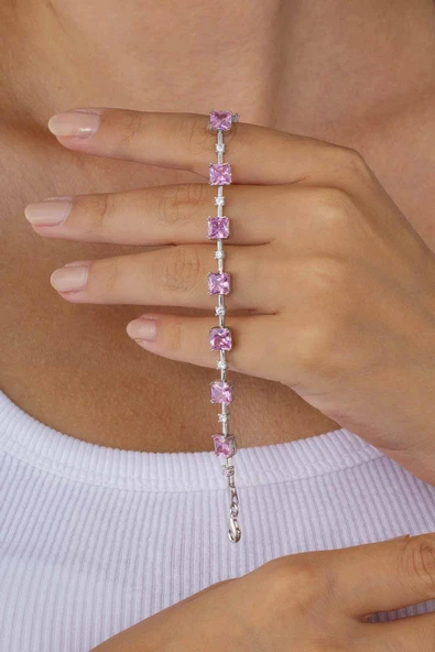 Gümüş Pazarım Pembe Taşlı Sıralı Su Yolu Gümüş Bileklik - 3