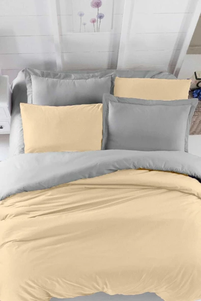 Çift Kişilik Lastikli Çarşaflı Nevresim Takımı Pamuklu Four Season Bej Gri - Resim 2