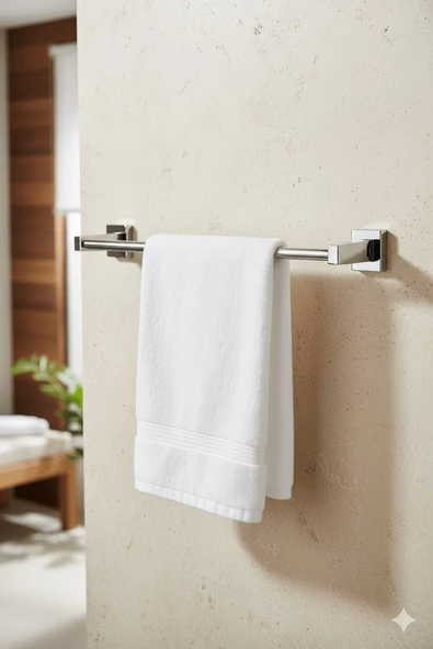 Krom Yapışkanlı Uzun Havluluk – Kare Topuzlu Metal Banyo Havlu Askısı, Dayanıklı & Şık - (101-K) - KTK - 2