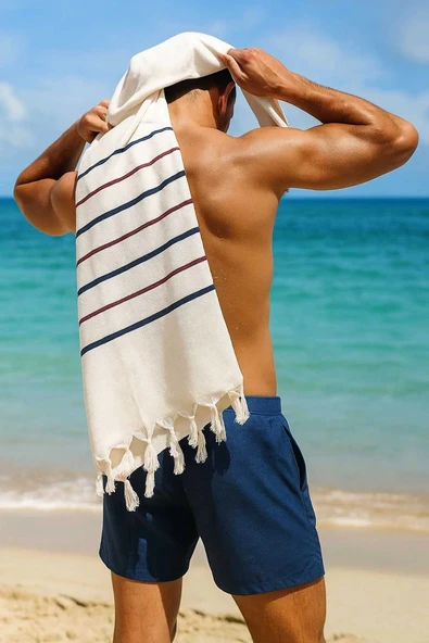 Peştemal Plaj Havlusu %100 Pamuklu 70x150 Cm  Beyaz Waves - Resim 2