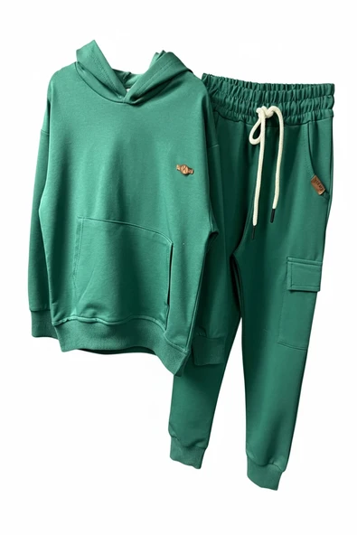 Kapüşonlu ve Kanguru Cepli Yeşil Renk Erkek Çocuk Eşofman Takım - Resim 6